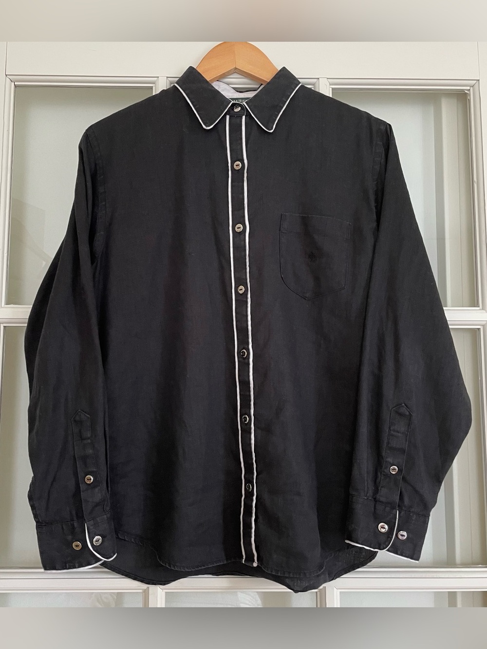 Ralph Lauren black linen long sleeve collared button up shirt white piping trim